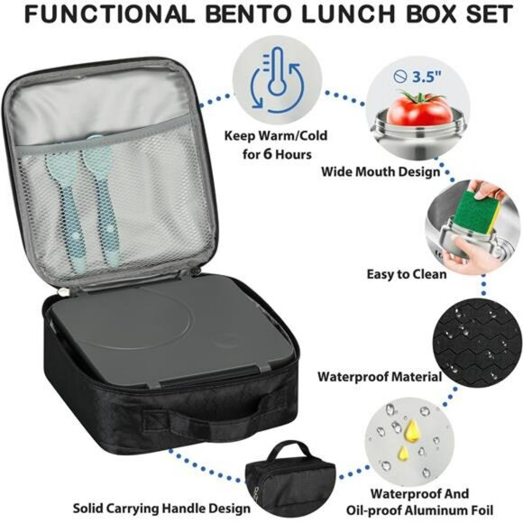 Kids Bento Lunch Box Set With Thermo Jar Insulated Leakproof Lunch Bag School - Picture 5 of 8